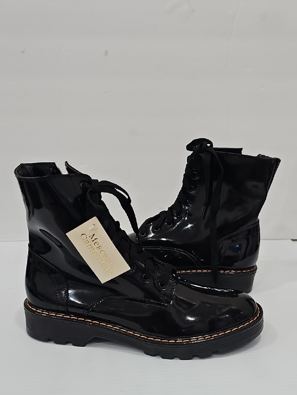 Mercedes Campuzano black patent Rubber combat boots side zipper Size 10
